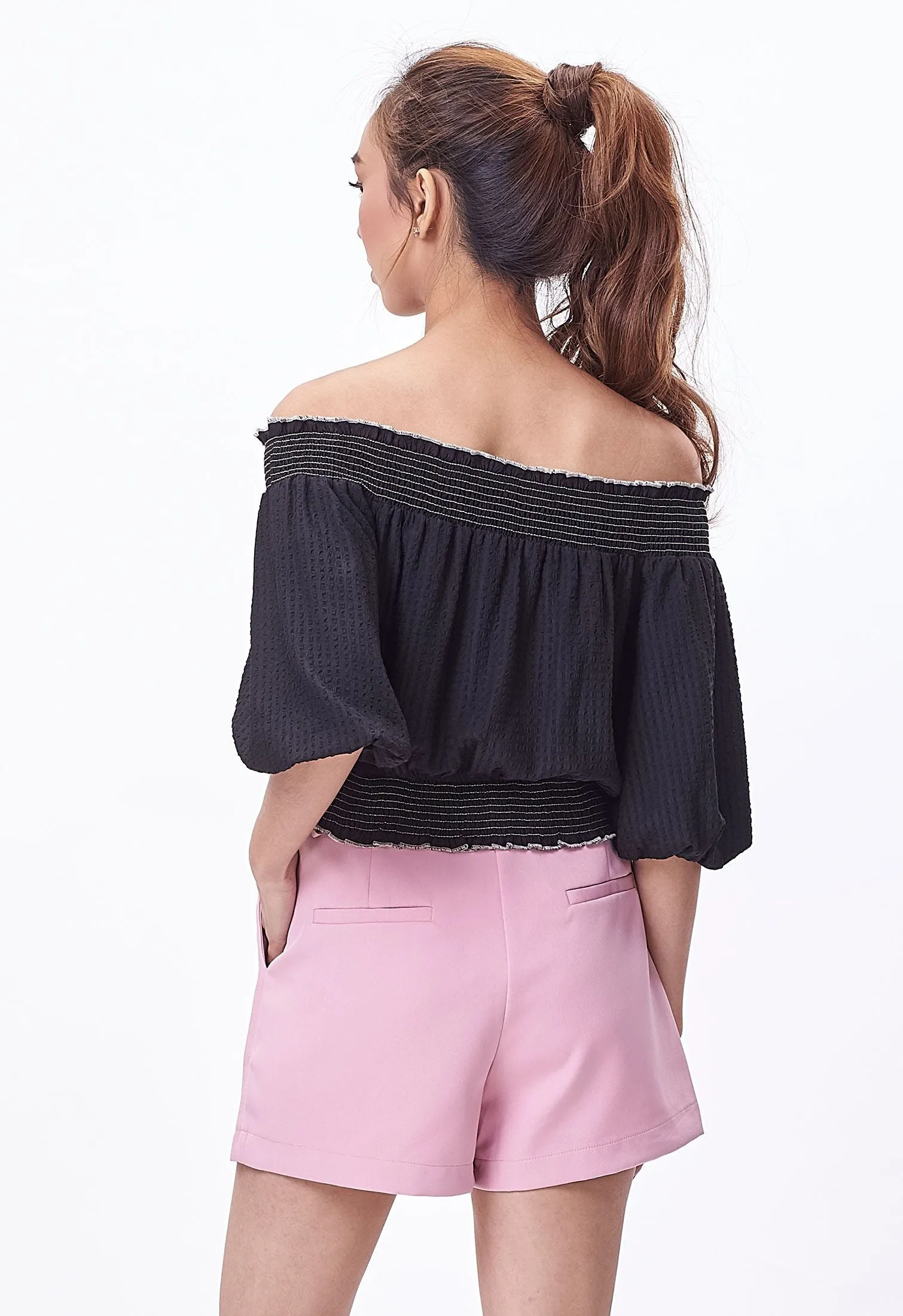 Off Shoulder Ruched Contrast Crop Top