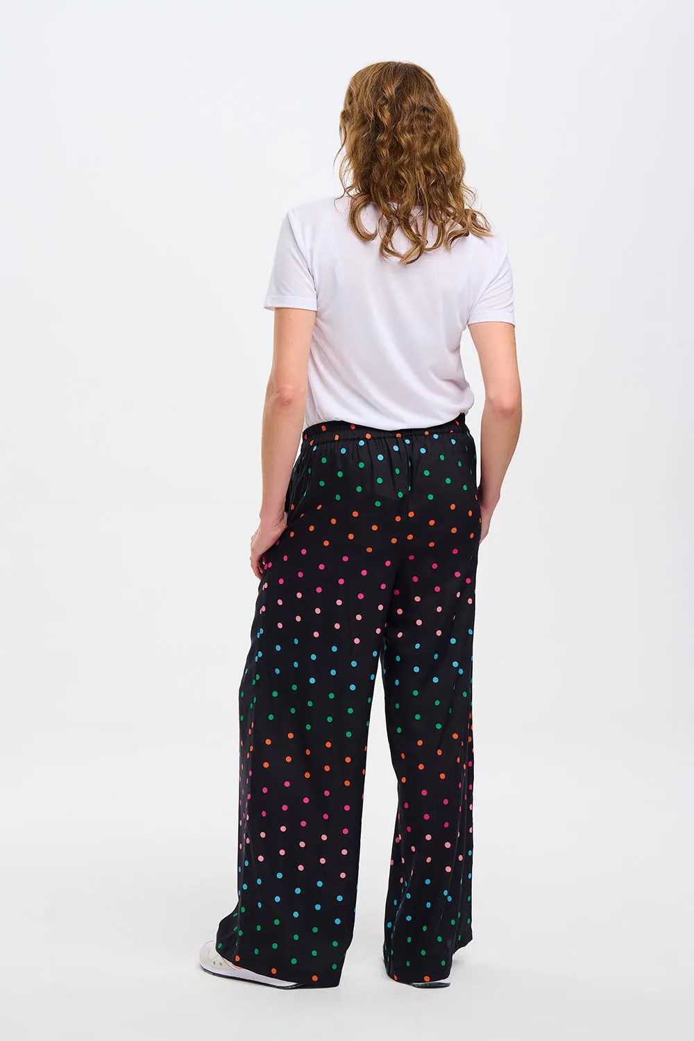 Patsy Palazzo Pants - Black, Rainbow Polka