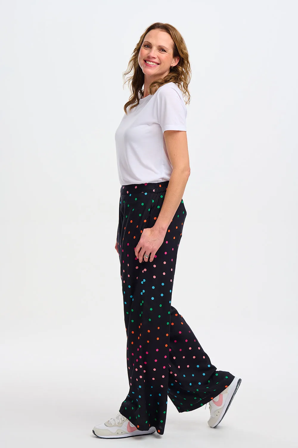 Patsy Palazzo Pants - Black, Rainbow Polka