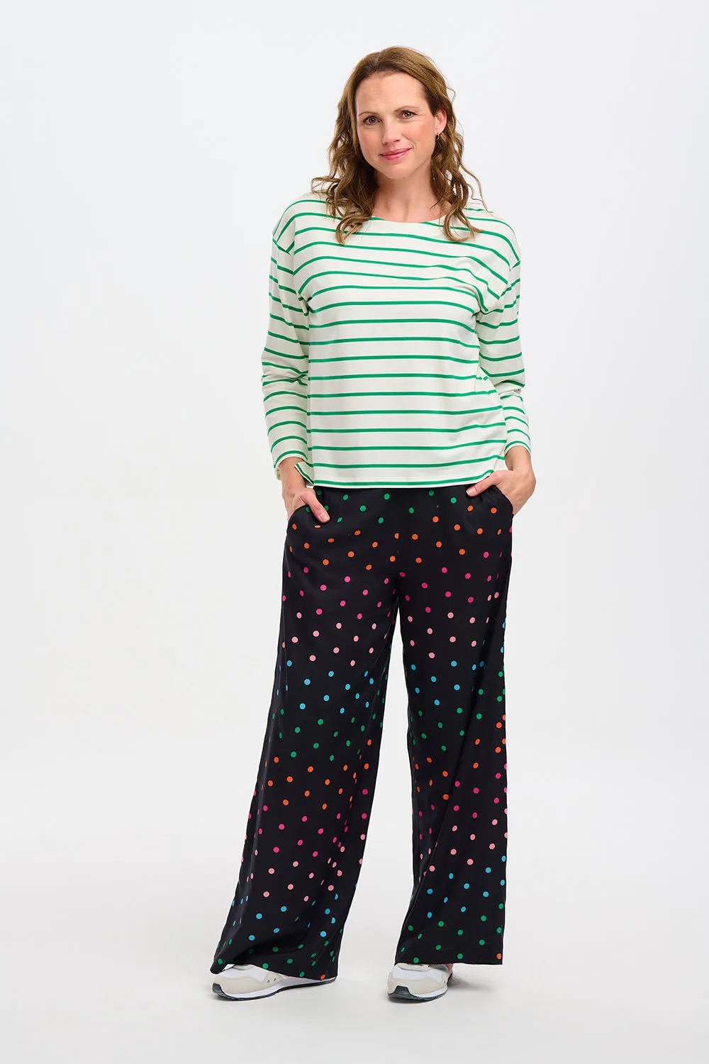 Patsy Palazzo Pants - Black, Rainbow Polka