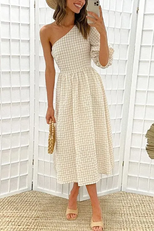 Plaid Puff One Shoulder Midi Dress