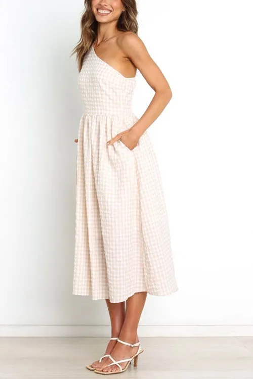 Plaid Puff One Shoulder Midi Dress