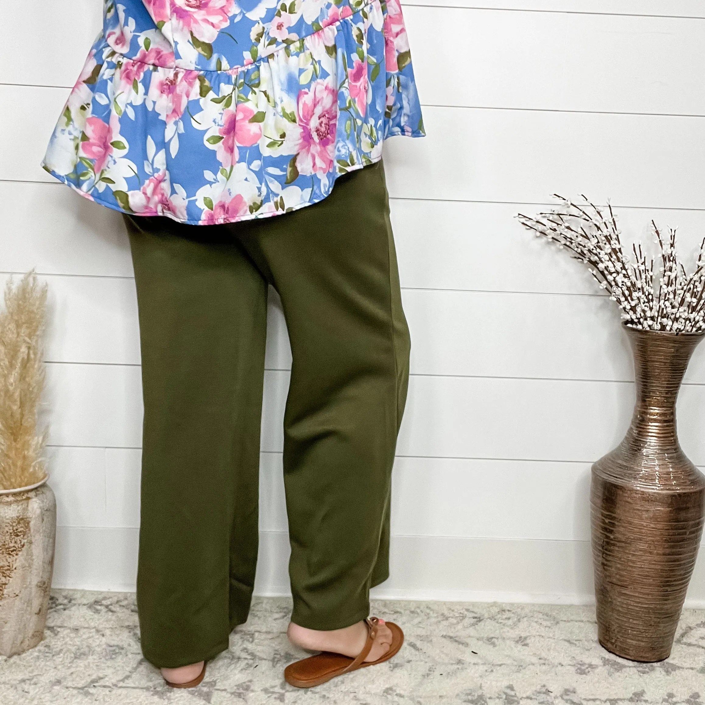 "In Flight" Wide Leg Open Bottom Casual Pants with Pockets (Olive)