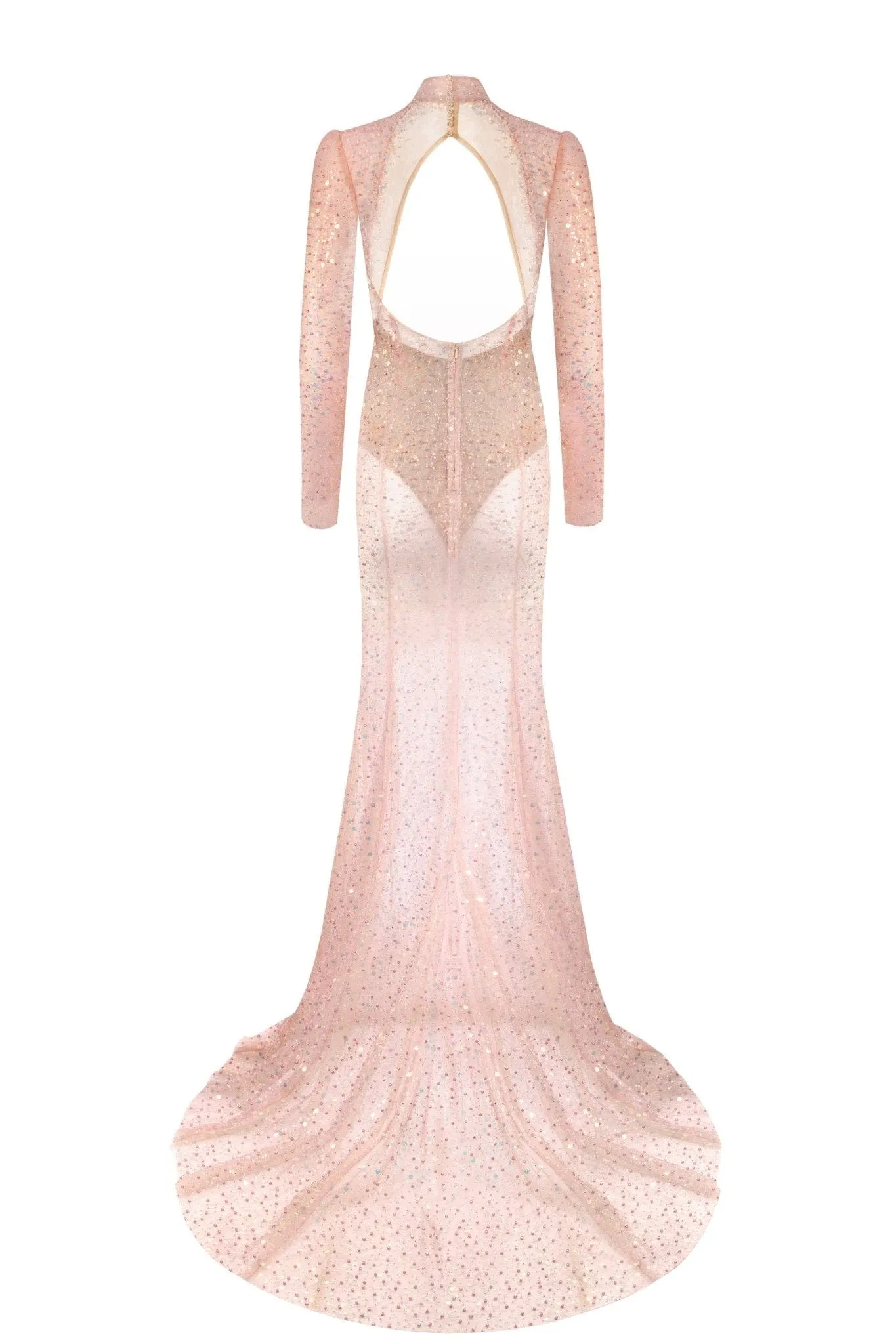 Radiant long-sleeved maxi dress in rose gold