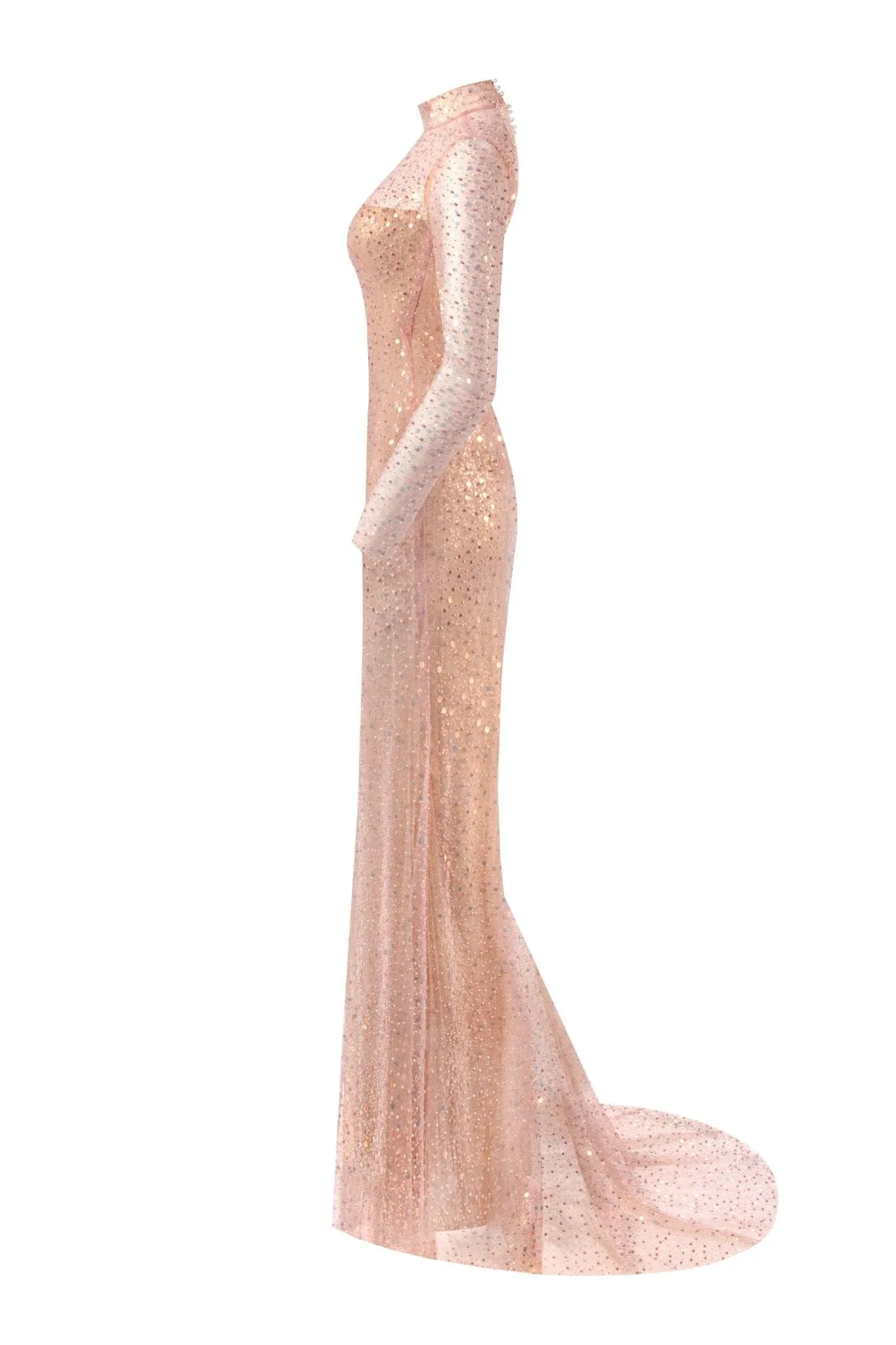 Radiant long-sleeved maxi dress in rose gold