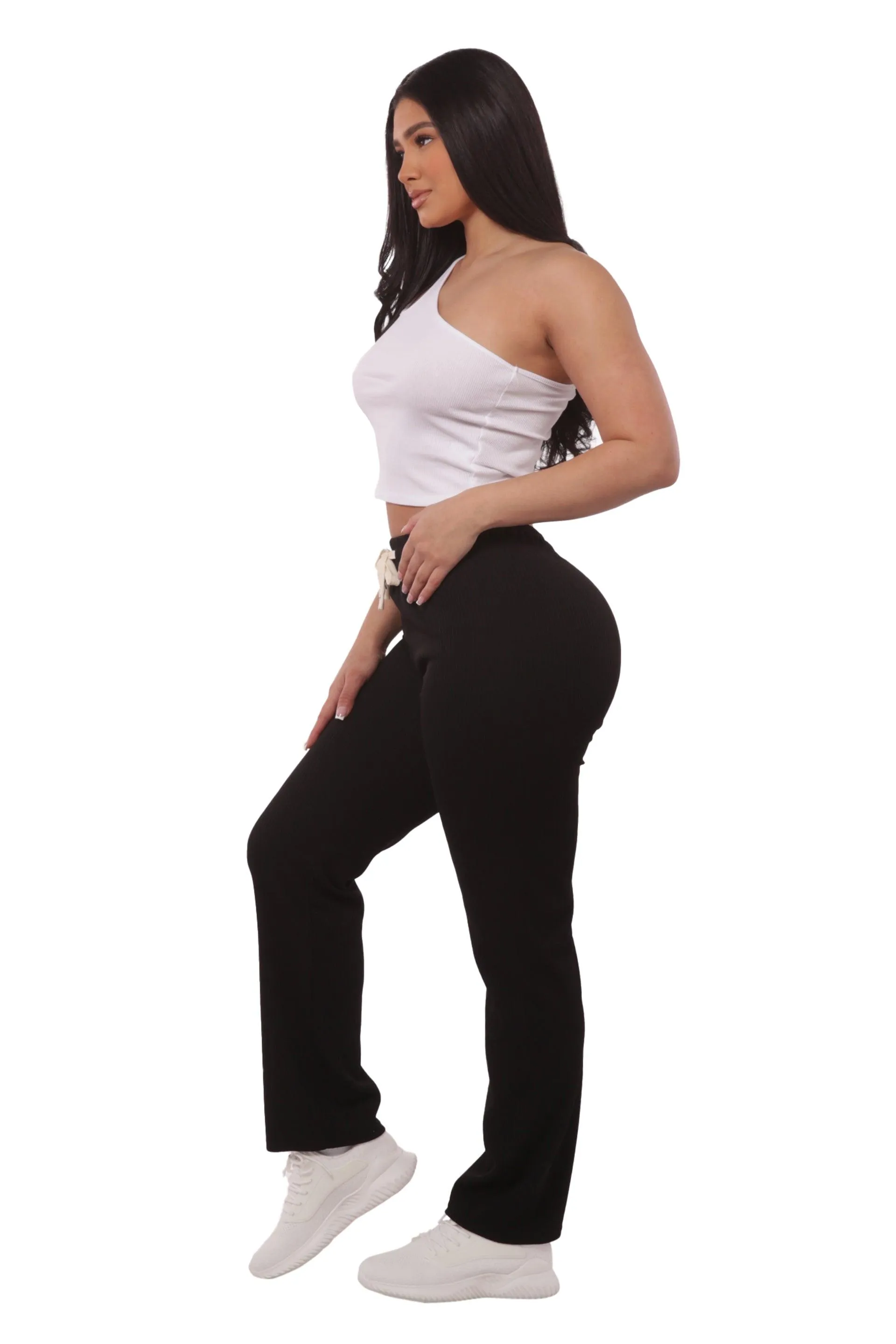 Rib Knit Straight Leg Pants With Drawstrings - Black