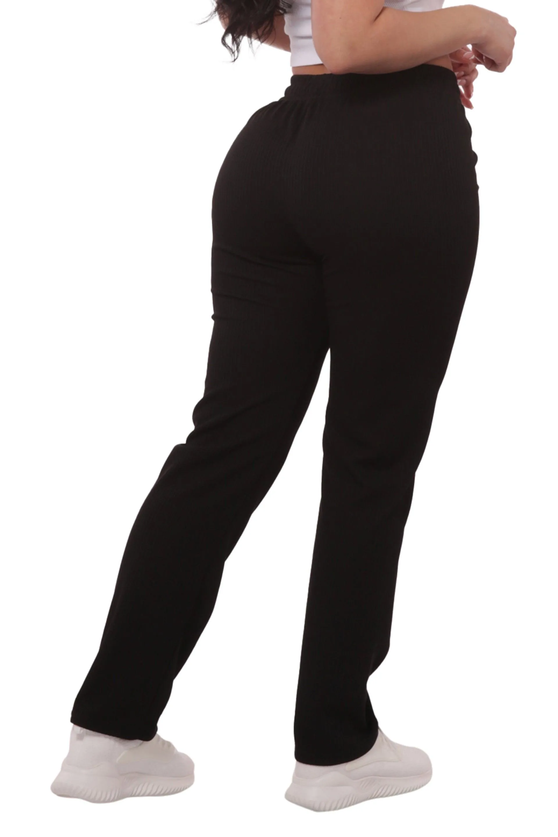 Rib Knit Straight Leg Pants With Drawstrings - Black