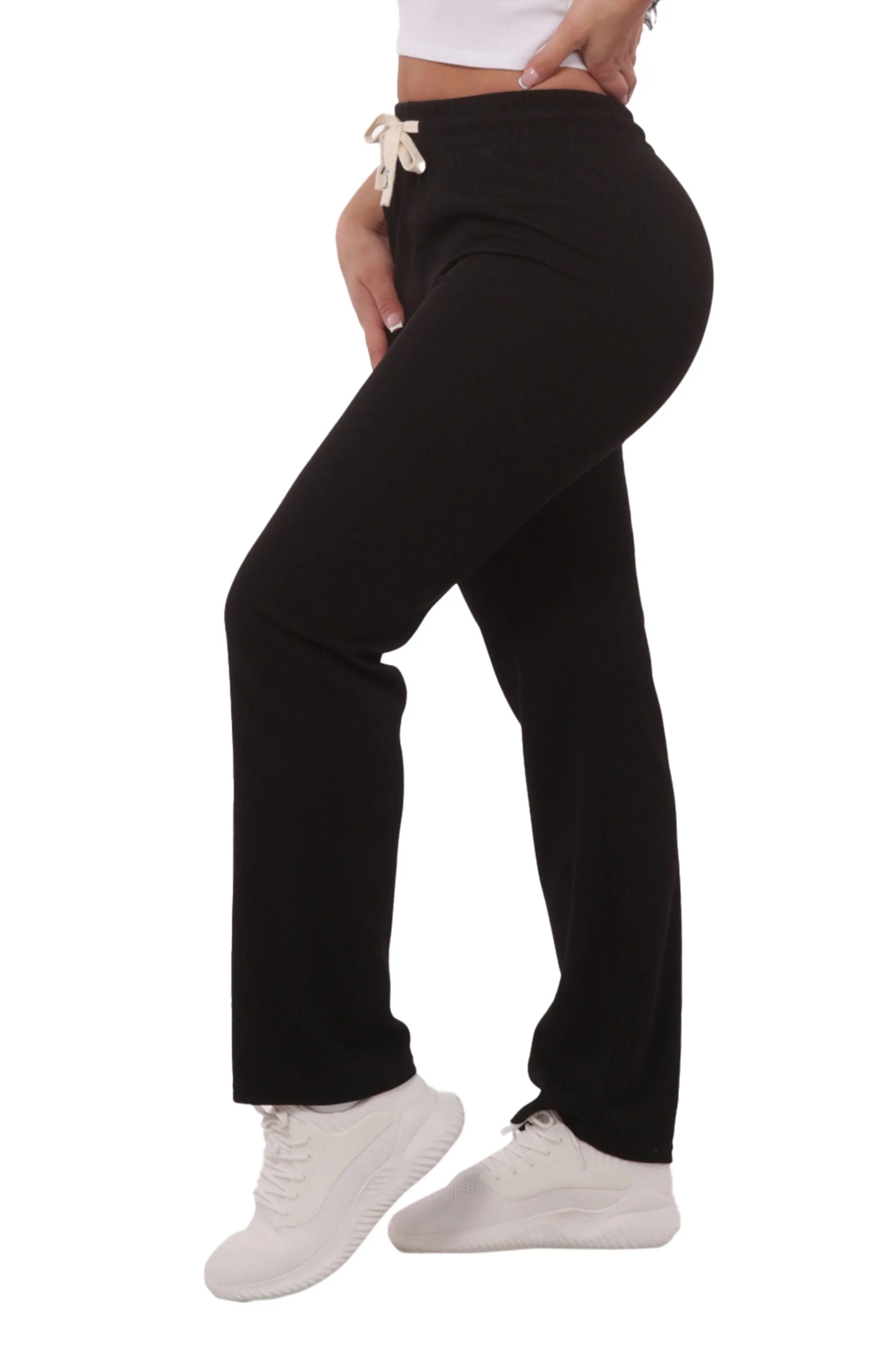 Rib Knit Straight Leg Pants With Drawstrings - Black