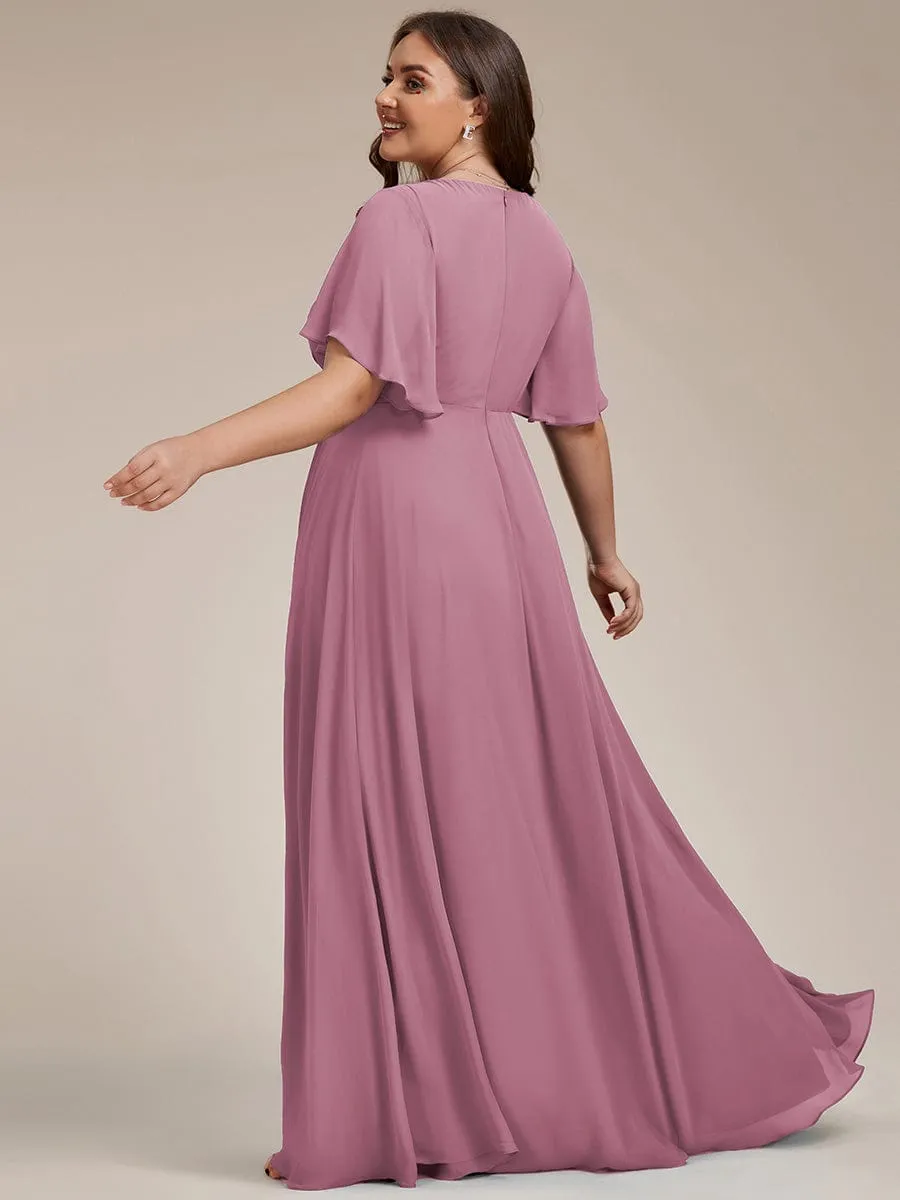 Ruffles Sleeve A-Line Chiffon Waist Applique Maxi Formal Evening Dress