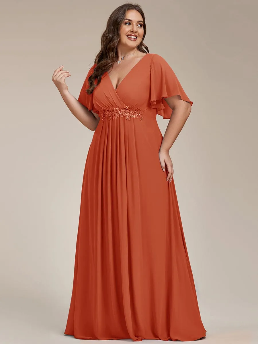 Ruffles Sleeve A-Line Chiffon Waist Applique Maxi Formal Evening Dress