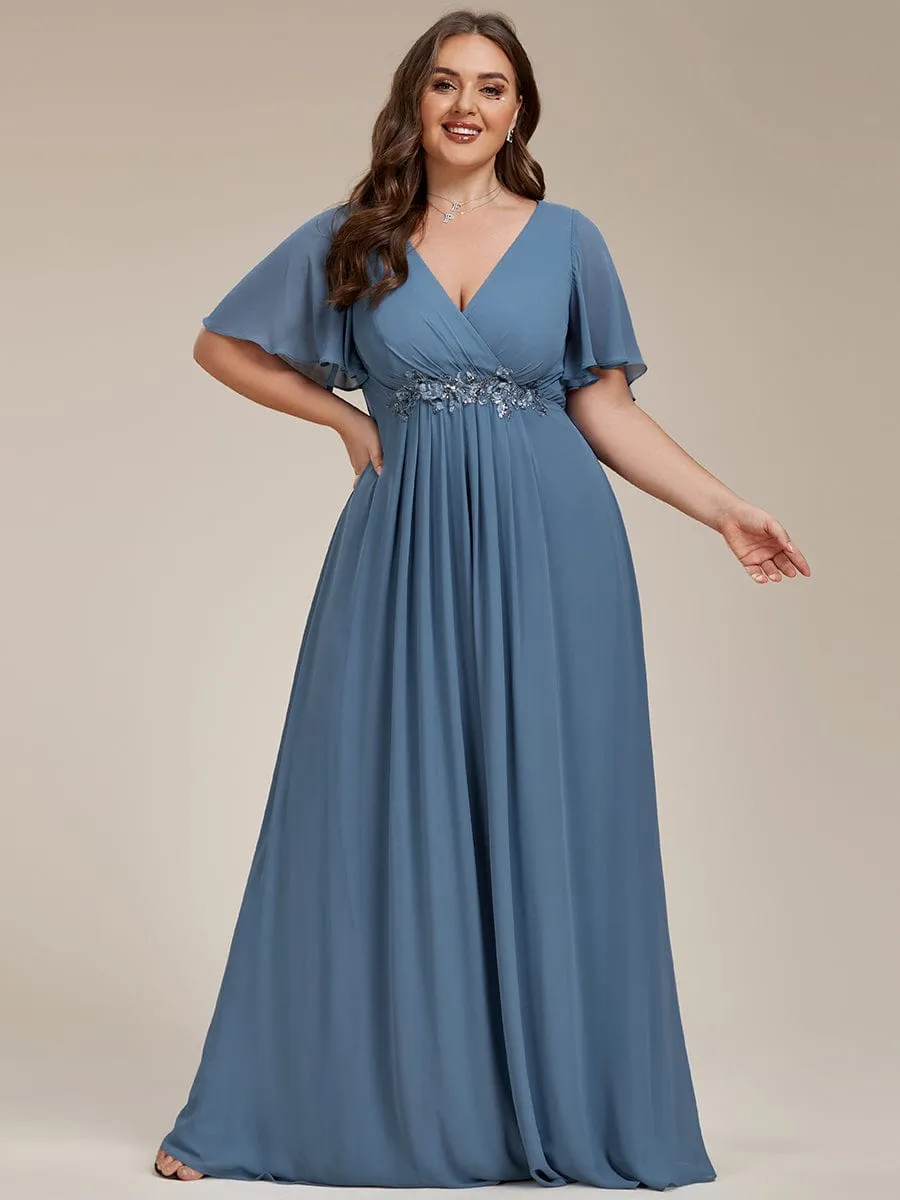 Ruffles Sleeve A-Line Chiffon Waist Applique Maxi Formal Evening Dress