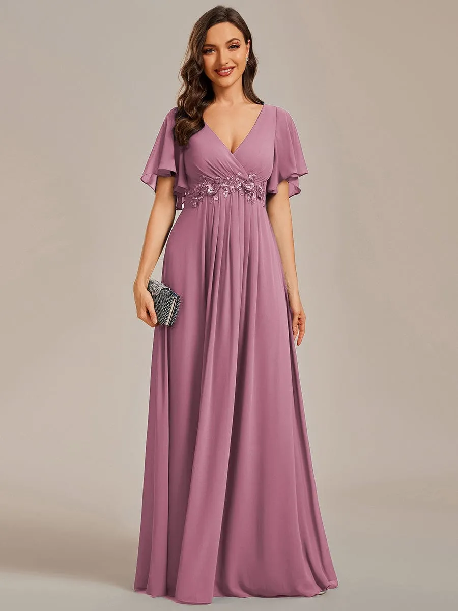 Ruffles Sleeve A-Line Chiffon Waist Applique Maxi Formal Evening Dress