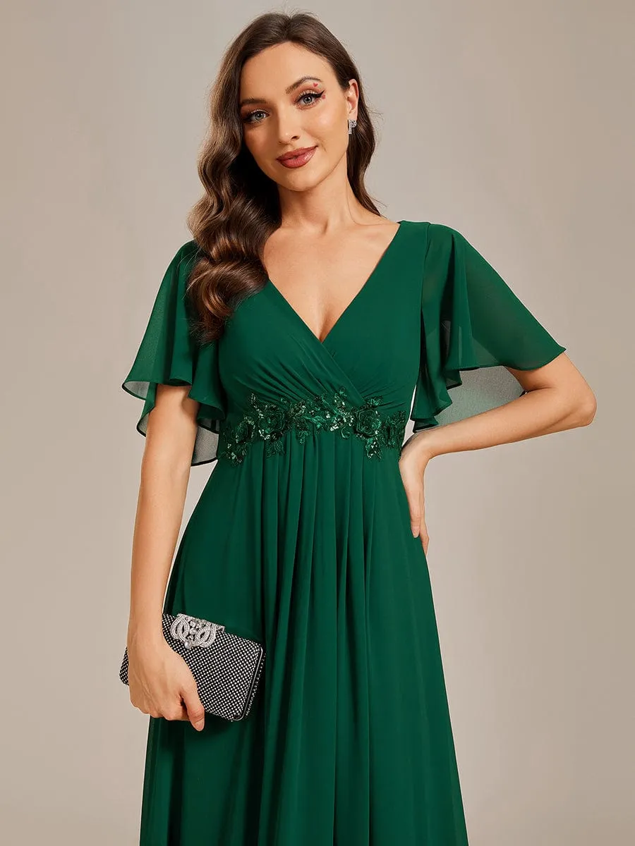 Ruffles Sleeve A-Line Chiffon Waist Applique Maxi Formal Evening Dress