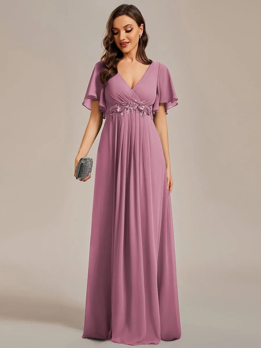 Ruffles Sleeve A-Line Chiffon Waist Applique Maxi Formal Evening Dress