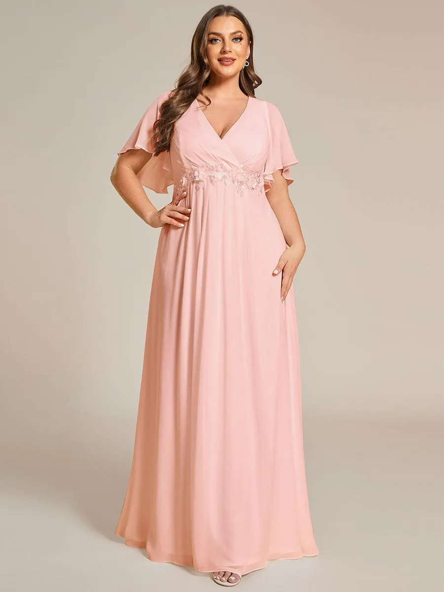 Ruffles Sleeve A-Line Chiffon Waist Applique Maxi Formal Evening Dress