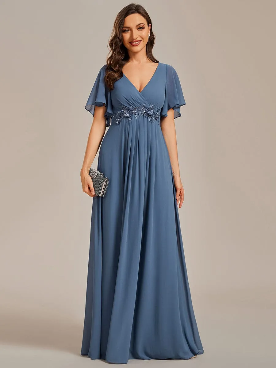 Ruffles Sleeve A-Line Chiffon Waist Applique Maxi Formal Evening Dress