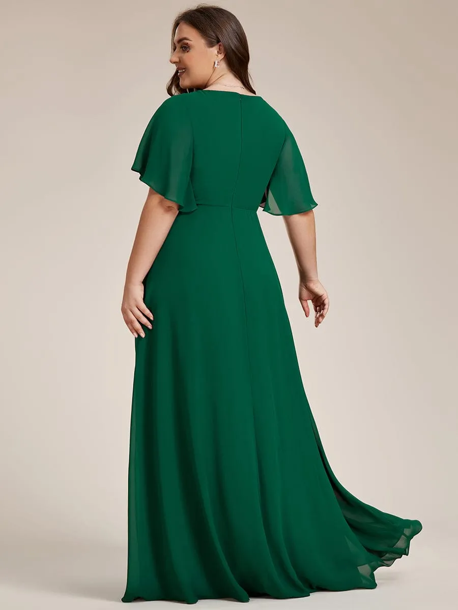 Ruffles Sleeve A-Line Chiffon Waist Applique Maxi Formal Evening Dress