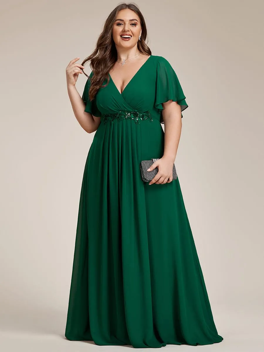 Ruffles Sleeve A-Line Chiffon Waist Applique Maxi Formal Evening Dress