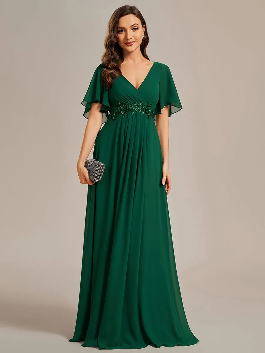 Ruffles Sleeve A-Line Chiffon Waist Applique Maxi Formal Evening Dress