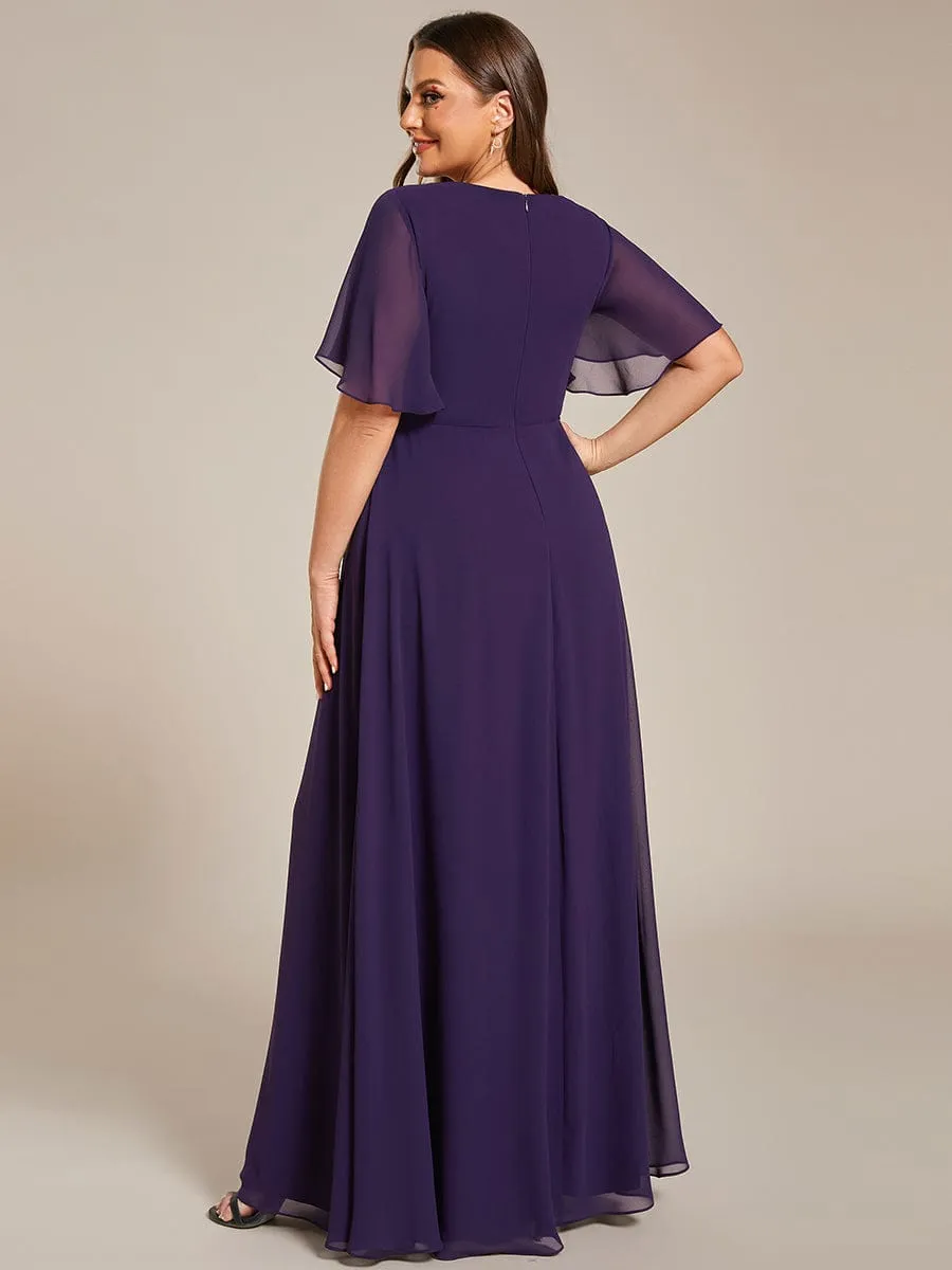 Ruffles Sleeve A-Line Chiffon Waist Applique Maxi Formal Evening Dress