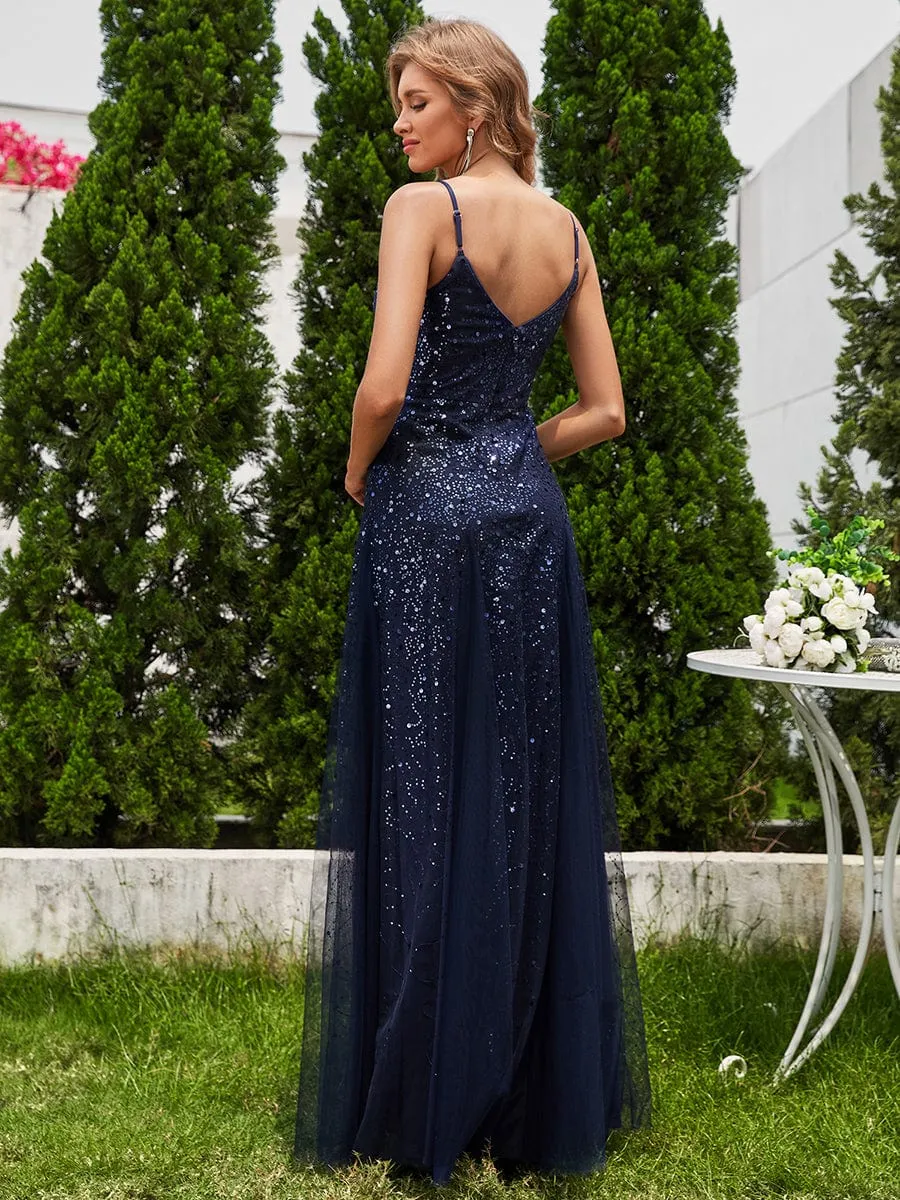 Sequined Tulle High-Waisted A-Line Sleeveless Evening Dress with V-Neck