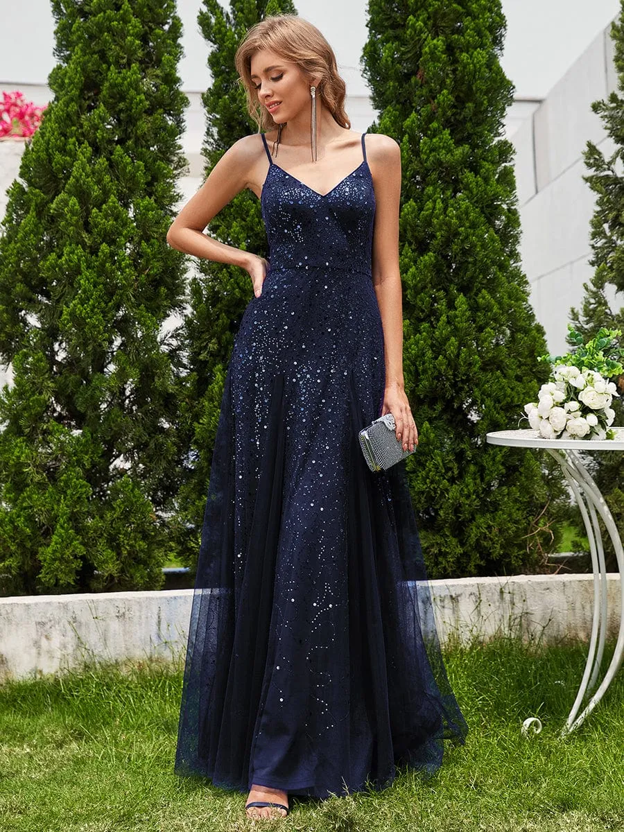 Sequined Tulle High-Waisted A-Line Sleeveless Evening Dress with V-Neck