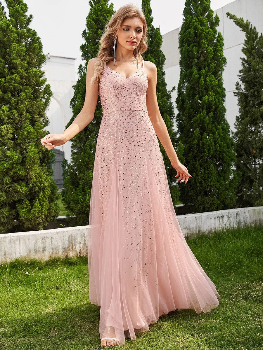 Sequined Tulle High-Waisted A-Line Sleeveless Evening Dress with V-Neck