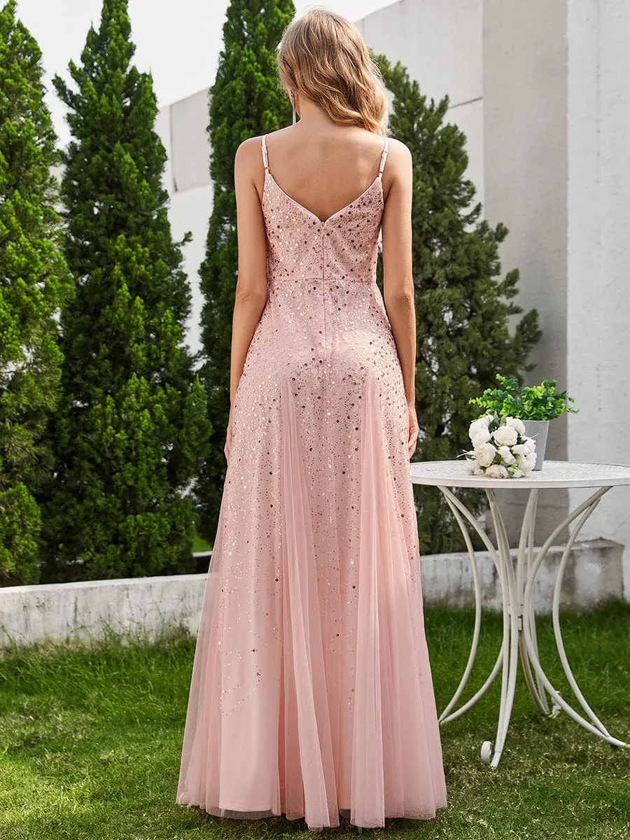 Sequined Tulle High-Waisted A-Line Sleeveless Evening Dress with V-Neck