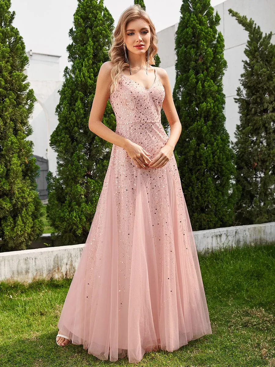 Sequined Tulle High-Waisted A-Line Sleeveless Evening Dress with V-Neck