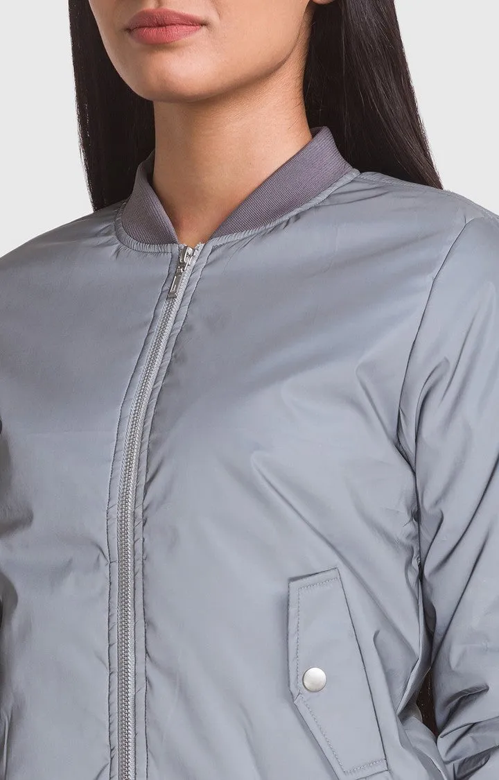 Spykar Silver Nylon Full Sleeve Casual Jacket For Women