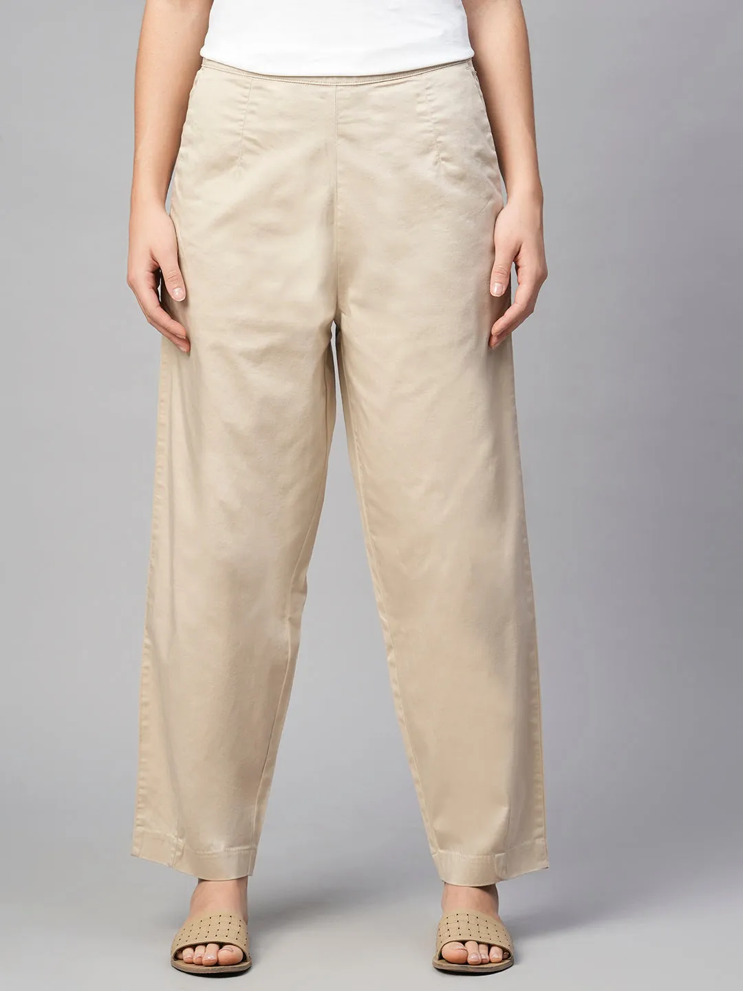 Women's Beige Cotton Elastane Regular Fit Pant