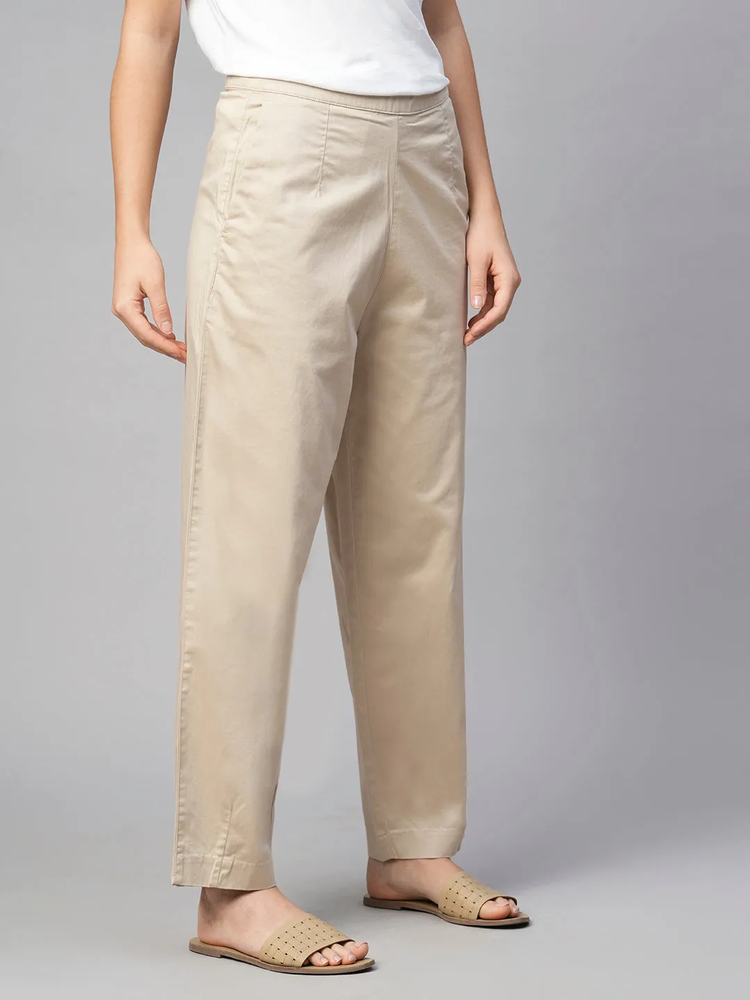 Women's Beige Cotton Elastane Regular Fit Pant