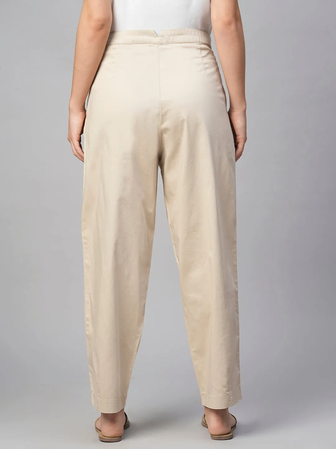 Women's Beige Cotton Elastane Regular Fit Pant