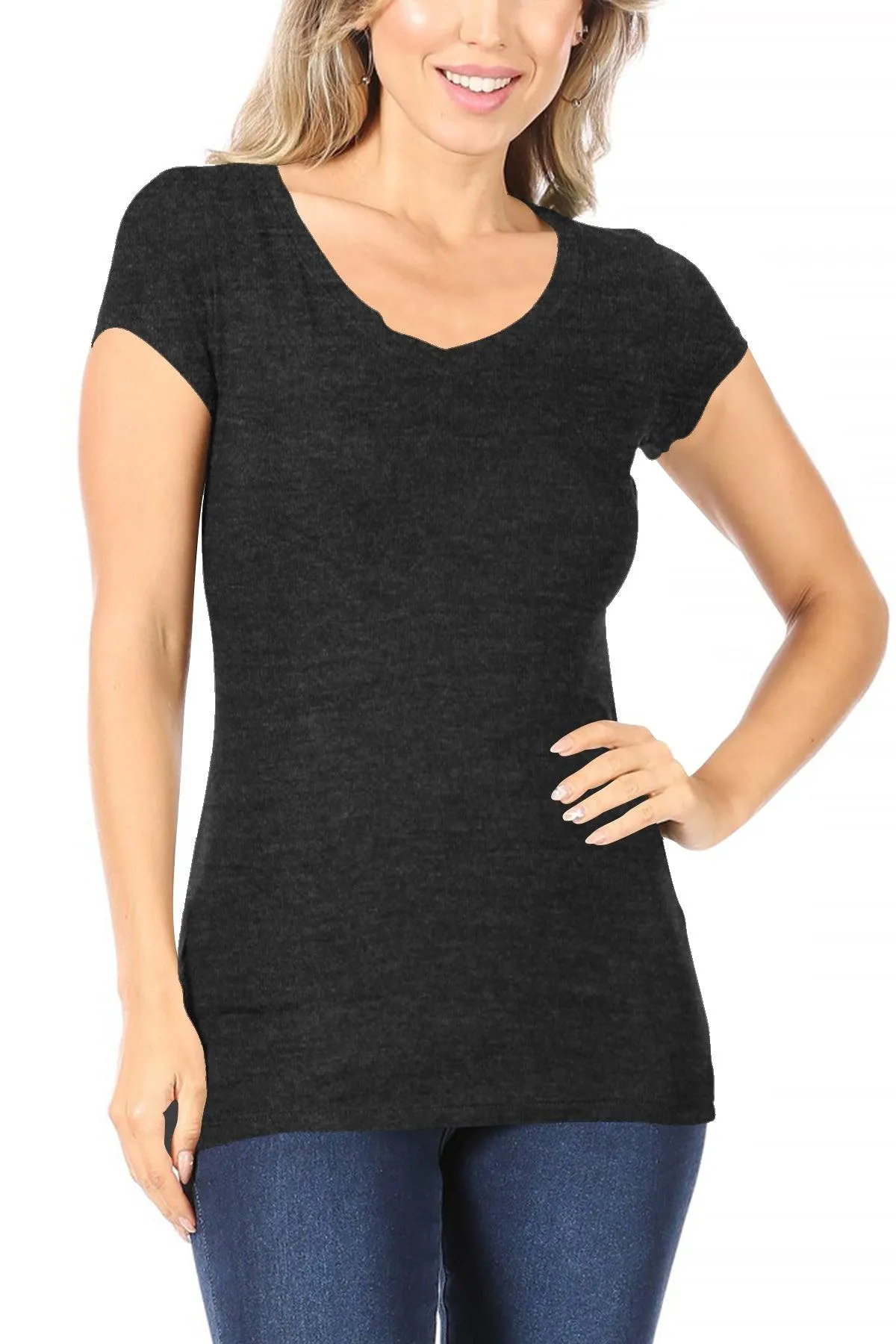 Women's Casual Solid V-Neck Short Sleeve Basic T-Shirt Top