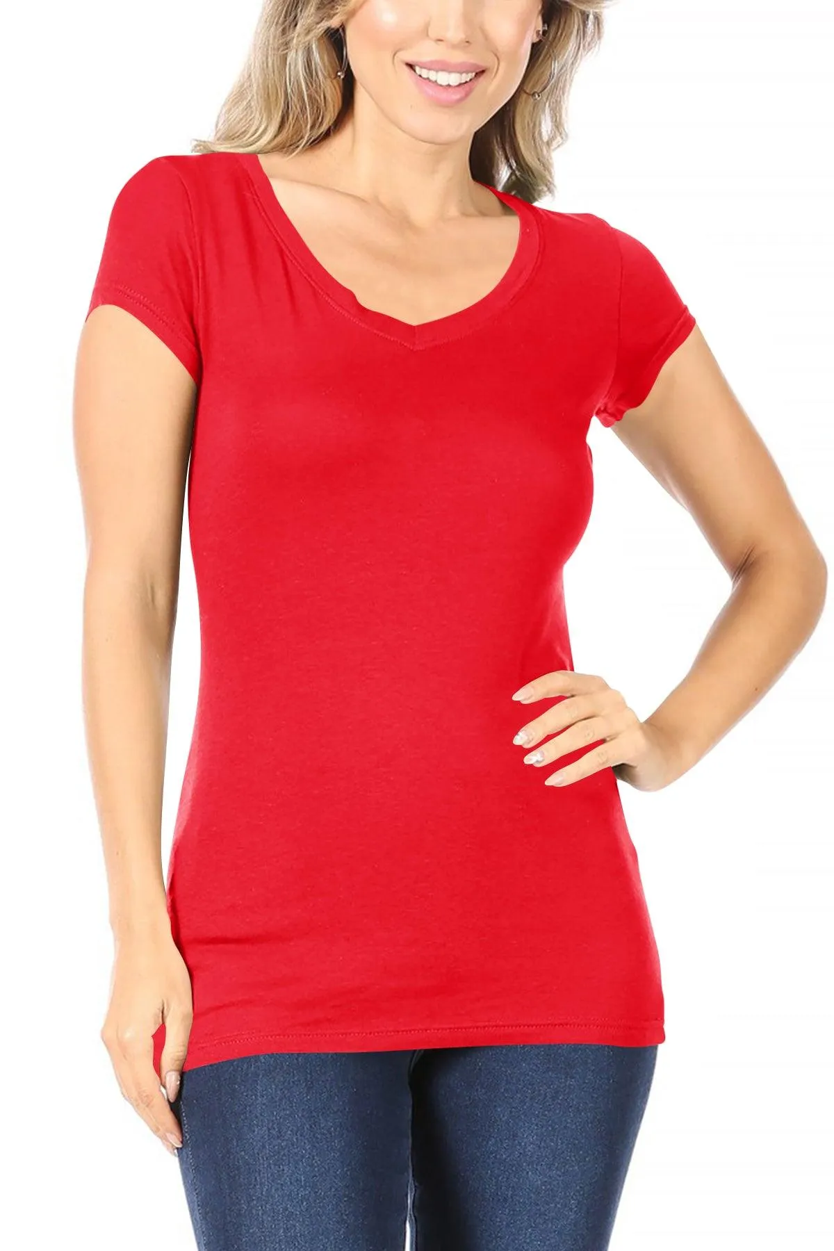 Women's Casual Solid V-Neck Short Sleeve Basic T-Shirt Top